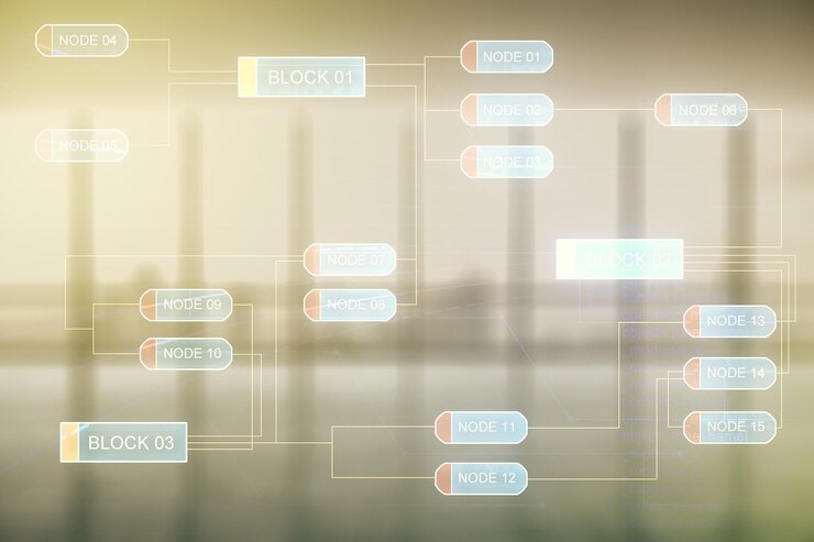Foto doble exposición de una ilustración abstracta de programación creativa en el fondo interior de una habitación vacía, concepto de big data y blockchain