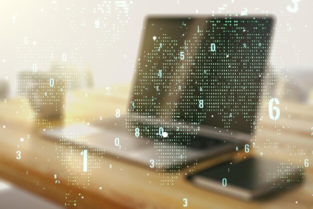 Doble exposición de ilustración abstracta de programación creativa con mapa mundial y escritorio moderno con computadora en big data de fondo y concepto de blockchain
