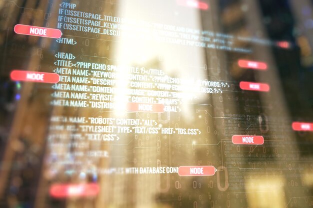Doble exposición de una ilustración abstracta de programación creativa sobre el fondo borroso del paisaje urbano y el concepto de blockchain y big data