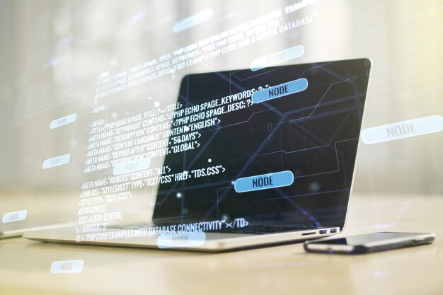 Doble exposición de la ilustración de programación creativa abstracta en el fondo de la computadora big data y el concepto de blockchain