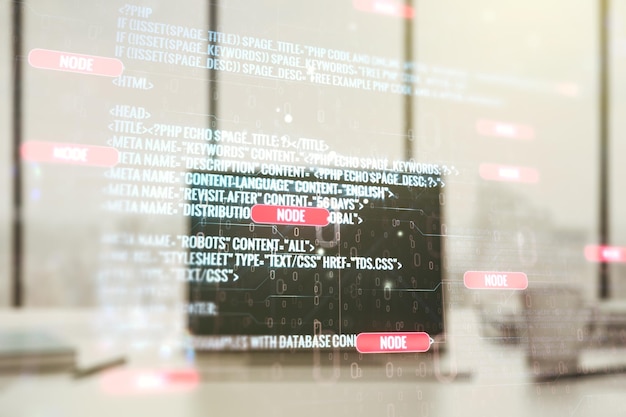 Doble exposición de la ilustración de programación creativa abstracta en el fondo de la computadora big data y el concepto de blockchain