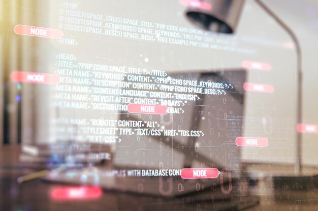 Doble exposición de la ilustración de programación creativa abstracta en el fondo de la computadora de grandes datos y el concepto de blockchain