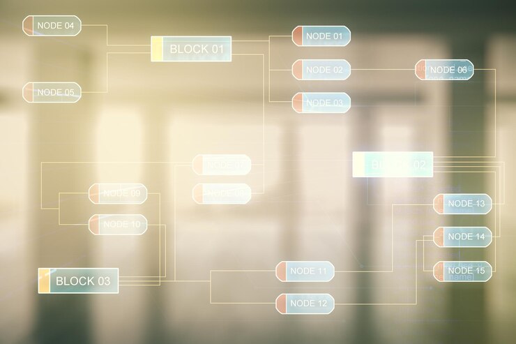 Foto doble exposición de la ilustración de programación creativa abstracta en el fondo interior de la habitación vacía concepto de big data y blockchain