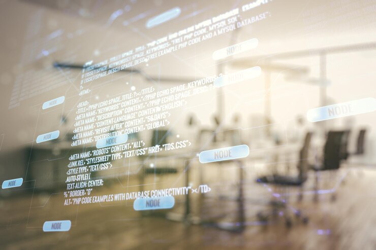 Foto doble exposición de una ilustración de programación creativa abstracta en un fondo interior de oficina modernamente amueblada, grandes datos y concepto de cadena de bloques