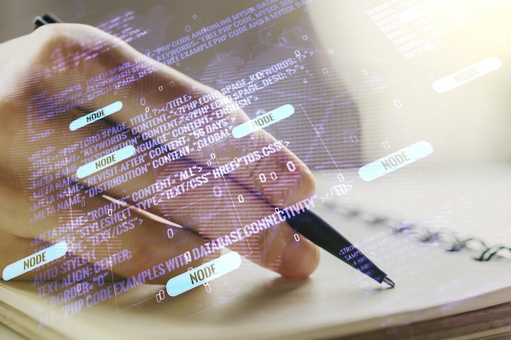 Foto doble exposición de ilustración de programación creativa abstracta con mapa mundial y escritura a mano de hombre en el bloc de notas sobre big data de fondo y concepto de cadena de bloques