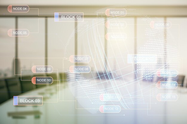 Doble exposición de ilustración de programación creativa abstracta y mapa mundial en una sala de juntas moderna concepto de big data y blockchain