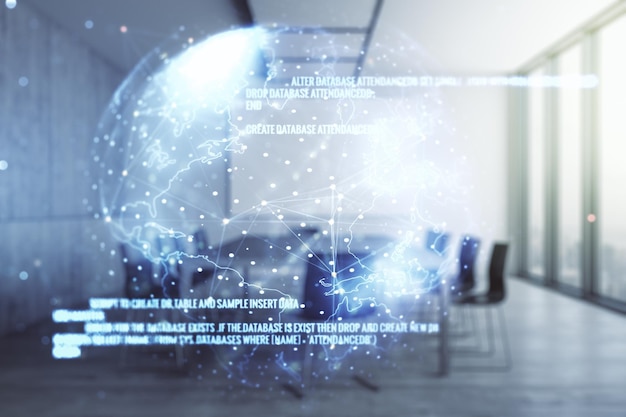 Doble exposición de ilustración de programación creativa abstracta y mapa mundial en una sala de juntas moderna concepto de big data y blockchain