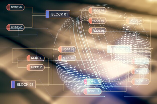 Doble exposición de ilustración de programación creativa abstracta y mapa mundial sobre fondo de metal brillante big data y concepto de cadena de bloques