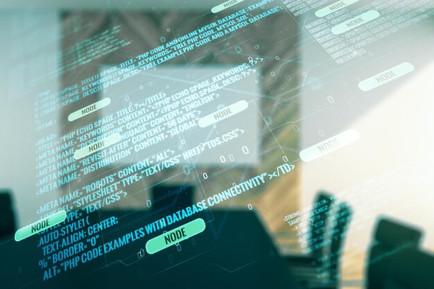 Doble exposición de la ilustración de programación creativa abstracta en una sala de juntas moderna concepto de big data y blockchain
