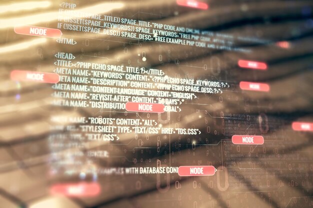 Doble exposición de la ilustración de programación creativa abstracta sobre el concepto de big data y blockchain de fondo de metal brillante