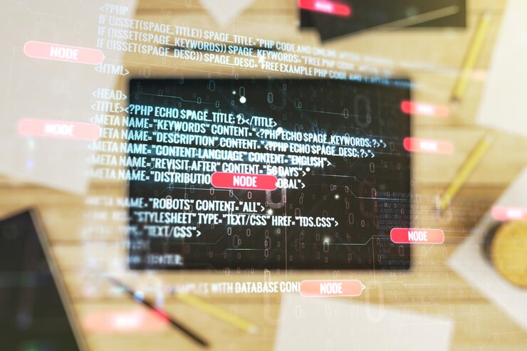 Foto doble exposición de ilustración de programación creativa abstracta y tableta digital moderna sobre big data de fondo y concepto de cadena de bloques