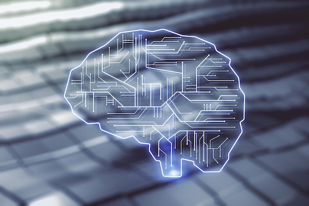 Doble exposición de la interfaz creativa de inteligencia artificial sobre fondo metálico borroso Redes neuronales y concepto de aprendizaje automático