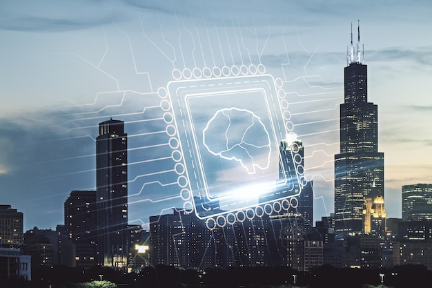 Doble exposición de la interfaz de inteligencia artificial creativa en el fondo de los rascacielos de la ciudad de Chicago Redes neuronales y concepto de aprendizaje automático