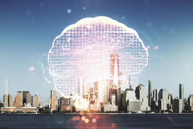 Doble exposición de la interfaz de inteligencia artificial creativa en el fondo de los rascacielos de la ciudad de Nueva York Redes neuronales y concepto de aprendizaje automático
