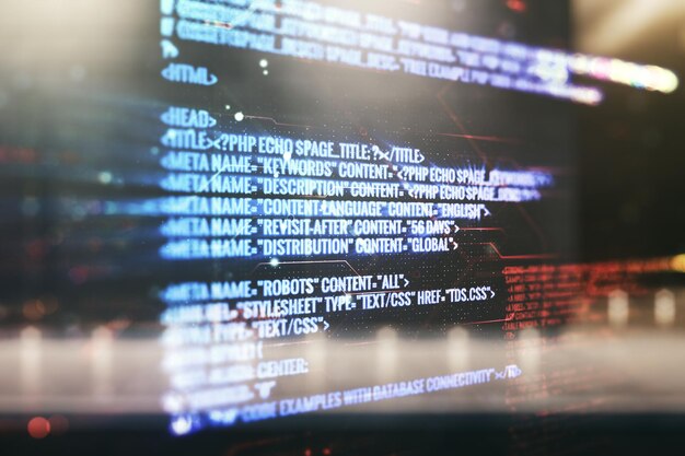 Doble exposición de la interfaz del lenguaje de programación abstracto en el concepto de investigación y desarrollo de fondo exterior del centro de negocios moderno