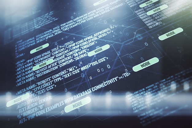 Doble exposición de la interfaz del lenguaje de programación abstracto en el concepto de investigación y desarrollo de fondo exterior del centro de negocios moderno