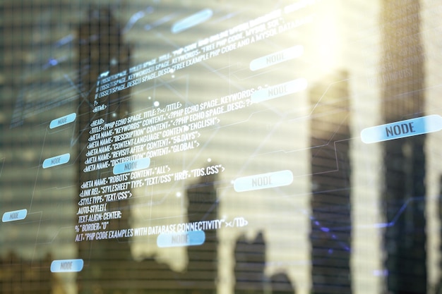 Doble exposición de la interfaz del lenguaje de programación abstracto en el concepto de investigación y desarrollo de fondo de rascacielos modernos