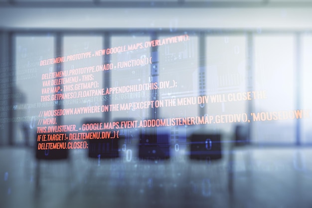Doble exposición de la interfaz del lenguaje de programación abstracto en un moderno concepto de investigación y desarrollo de fondo de la sala de reuniones