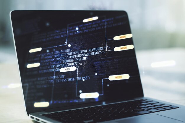 Doble exposición del lenguaje de programación abstracto en el concepto de investigación y desarrollo de fondo de la computadora portátil