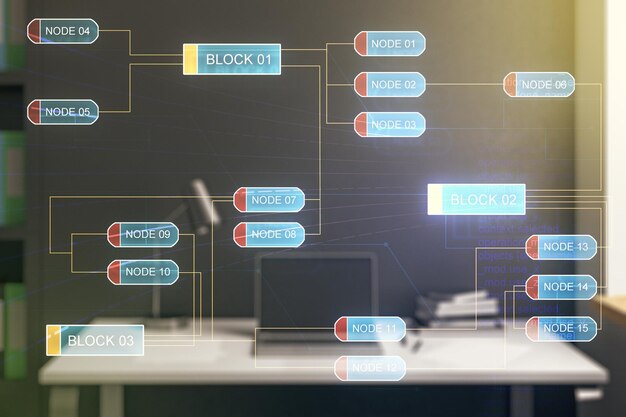 Foto doble exposición de lenguaje de programación abstracto y escritorio moderno con computadora portátil en el concepto de investigación y desarrollo de fondo