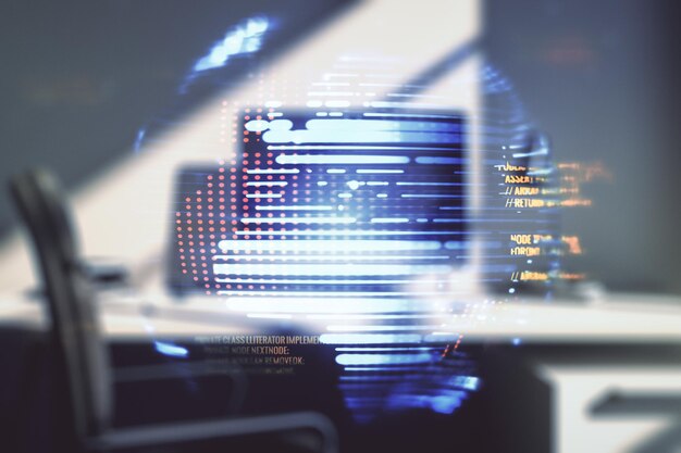 Doble exposición del lenguaje de programación abstracto con mapa mundial y escritorio moderno con computadora portátil en concepto de investigación y desarrollo de fondo