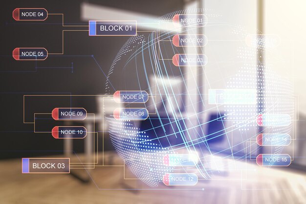 Doble exposición del lenguaje de programación abstracto con mapa mundial y escritorio moderno con computadora portátil en concepto de investigación y desarrollo de fondo