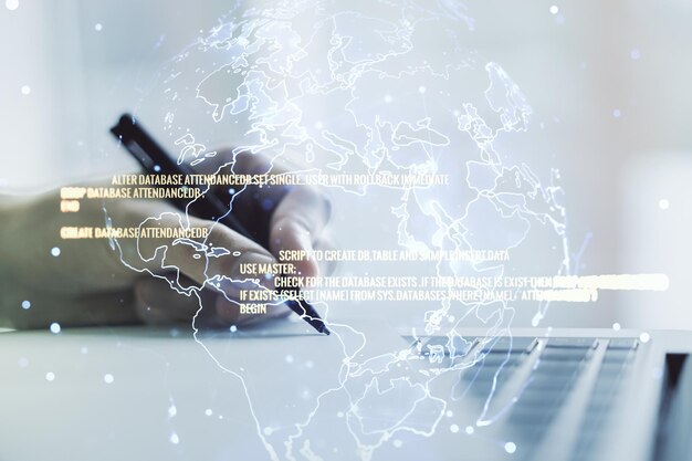 Doble exposición de lenguaje de programación abstracto con mapa mundial y escritura a mano en cuaderno en segundo plano con concepto de investigación y desarrollo de portátiles