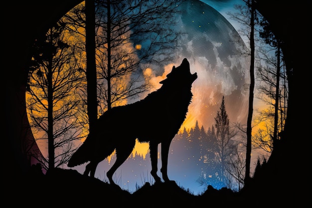 Doble exposición de lobo y luna con siluetas de árboles en el fondo creado con ai generativo