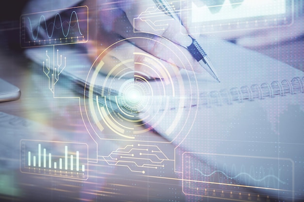 Doble exposición de la mano de escritura de la mujer en el fondo con tecnología de datos hud Concepto de Big Data