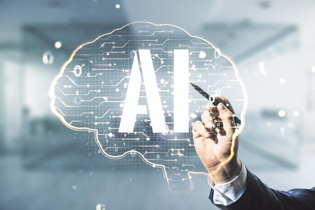 Doble exposición de la mano del hombre con bolígrafo trabajando con una interfaz creativa de inteligencia artificial en un fondo de oficina borroso Redes neuronales y concepto de aprendizaje automático