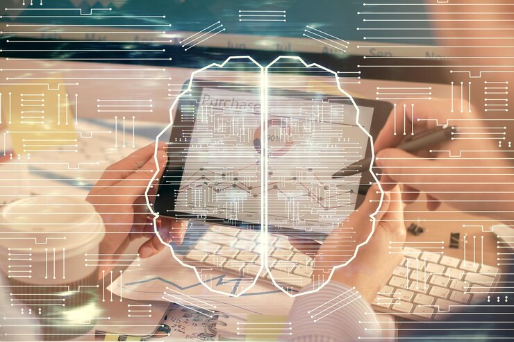 Foto doble exposición de la mano de un hombre sosteniendo y usando un dispositivo digital y dibujando un holograma cerebral concepto de datos