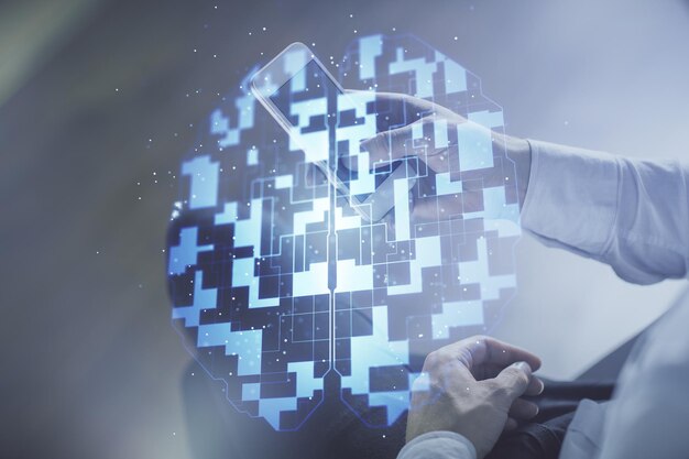 Doble exposición de la mano del hombre sosteniendo y utilizando un dispositivo digital y dibujo de tema de datos Concepto tecnológico