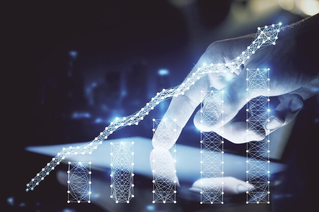 Doble exposición de las manos del hombre sosteniendo y utilizando un dispositivo digital y dibujo de gráficos de divisas Concepto de mercado financiero