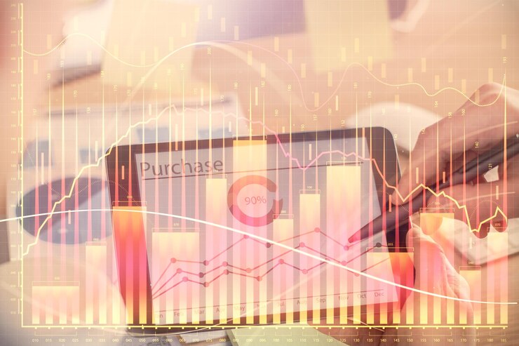 Foto doble exposición de las manos de los hombres sosteniendo y usando un teléfono y dibujando gráficos financieros concepto de análisis de mercado