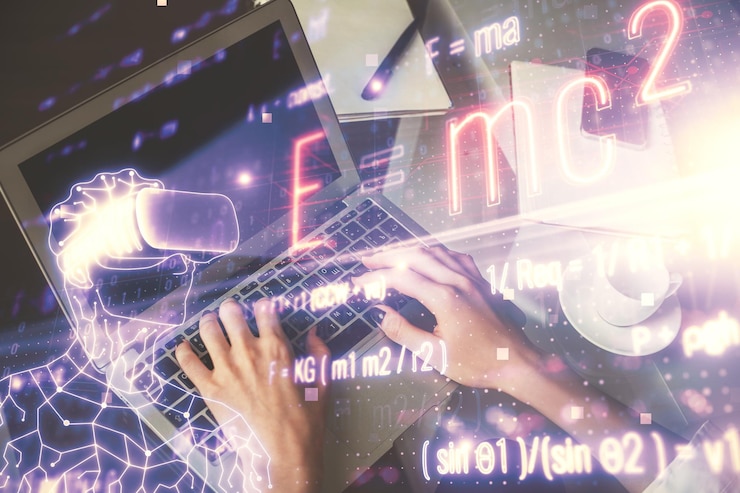 Foto doble exposición de manos de mujer escribiendo en computadora y dibujo de holograma de fórmula concepto de educación