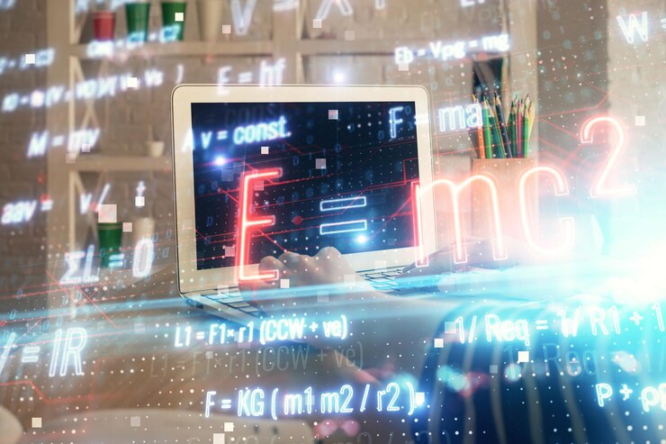 Foto doble exposición de manos de mujer escribiendo en computadora y dibujo de holograma de fórmula concepto de educación