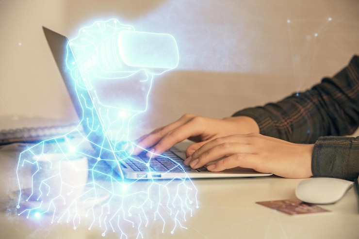 Foto doble exposición de manos de mujer escribiendo en la computadora y hombre con gafas ar dibujando el concepto de educación