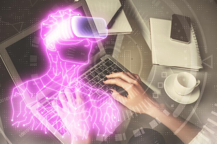 Foto doble exposición de manos de mujer escribiendo en la computadora y hombre con gafas ar dibujando el concepto de educación