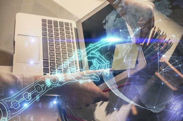 Doble exposición de manos de mujer escribiendo en el tema de informática y tecnología dibujando el concepto de alta tecnología