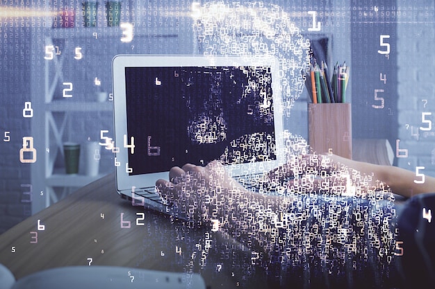 Doble exposición de manos de mujer escribiendo en el tema de informática y tecnología dibujando el concepto de alta tecnología