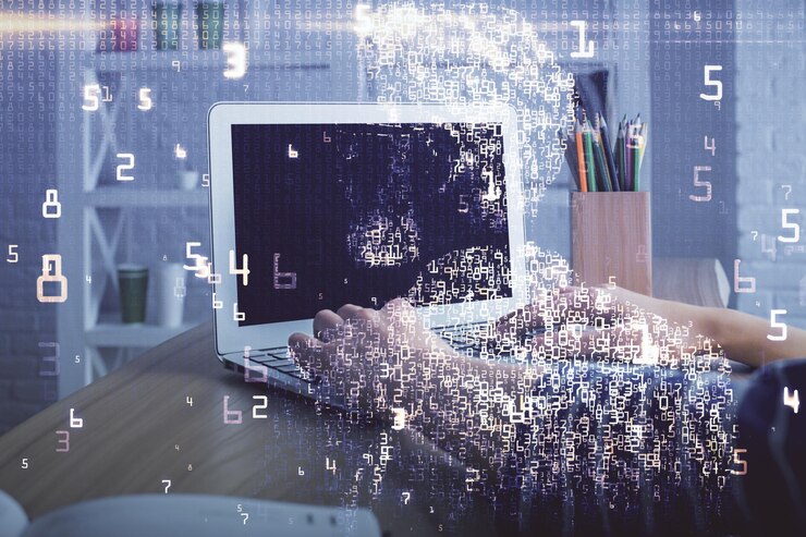 Foto doble exposición de manos de mujer escribiendo en el tema de informática y tecnología dibujando el concepto de alta tecnología