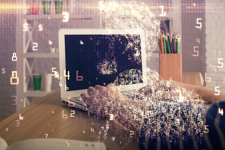 Foto doble exposición de manos de mujer escribiendo en el tema de informática y tecnología dibujando el concepto de alta tecnología