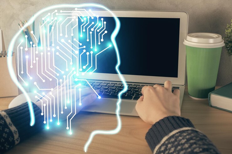 Foto doble exposición de las manos de la mujer trabajando en la computadora y el cerebro dibujando un holograma concepto ai