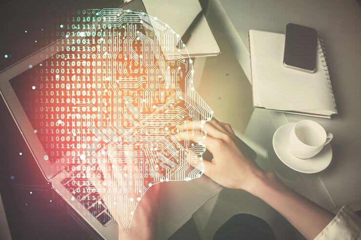 Foto doble exposición de las manos de la mujer trabajando en la computadora y el cerebro dibujando un holograma concepto ai