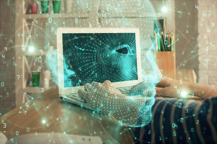 Foto doble exposición de las manos de la mujer trabajando en la computadora y el cerebro dibujando un holograma concepto ai