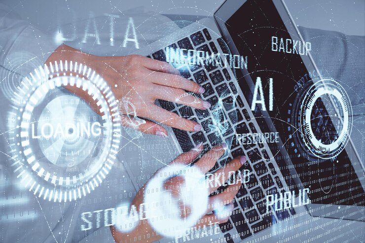 Foto doble exposición de las manos de la mujer trabajando en la computadora y el holograma del tema de datos dibujando el concepto de tecnología de vista superior