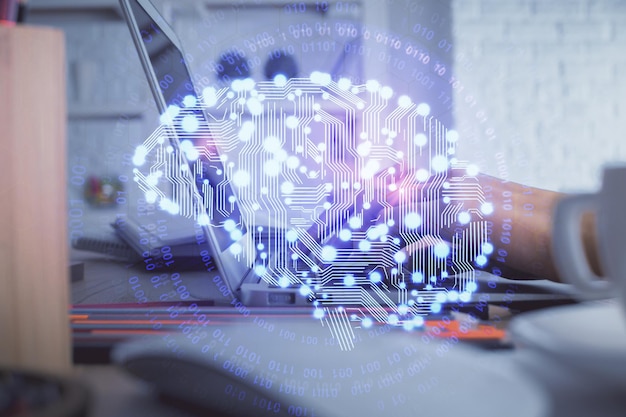Doble exposición de manos de mujeres trabajando en computadora y cerebro dibujando hologramas concepto Ai