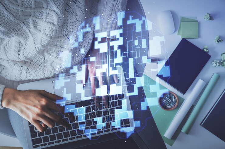 Foto doble exposición de manos de mujeres trabajando en computadora y dibujo de hologramas de datos top view concept de tecnología