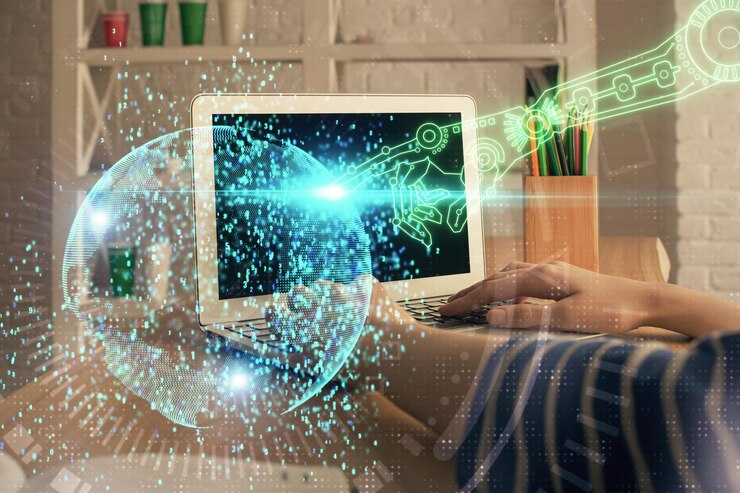 Foto doble exposición de manos de mujeres trabajando en computadora y dibujo de hologramas de temas de datos concepto técnico
