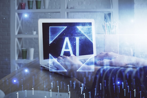 Doble exposición de manos de mujeres trabajando en computadora y dibujo de hologramas de temas de datos Concepto técnico
